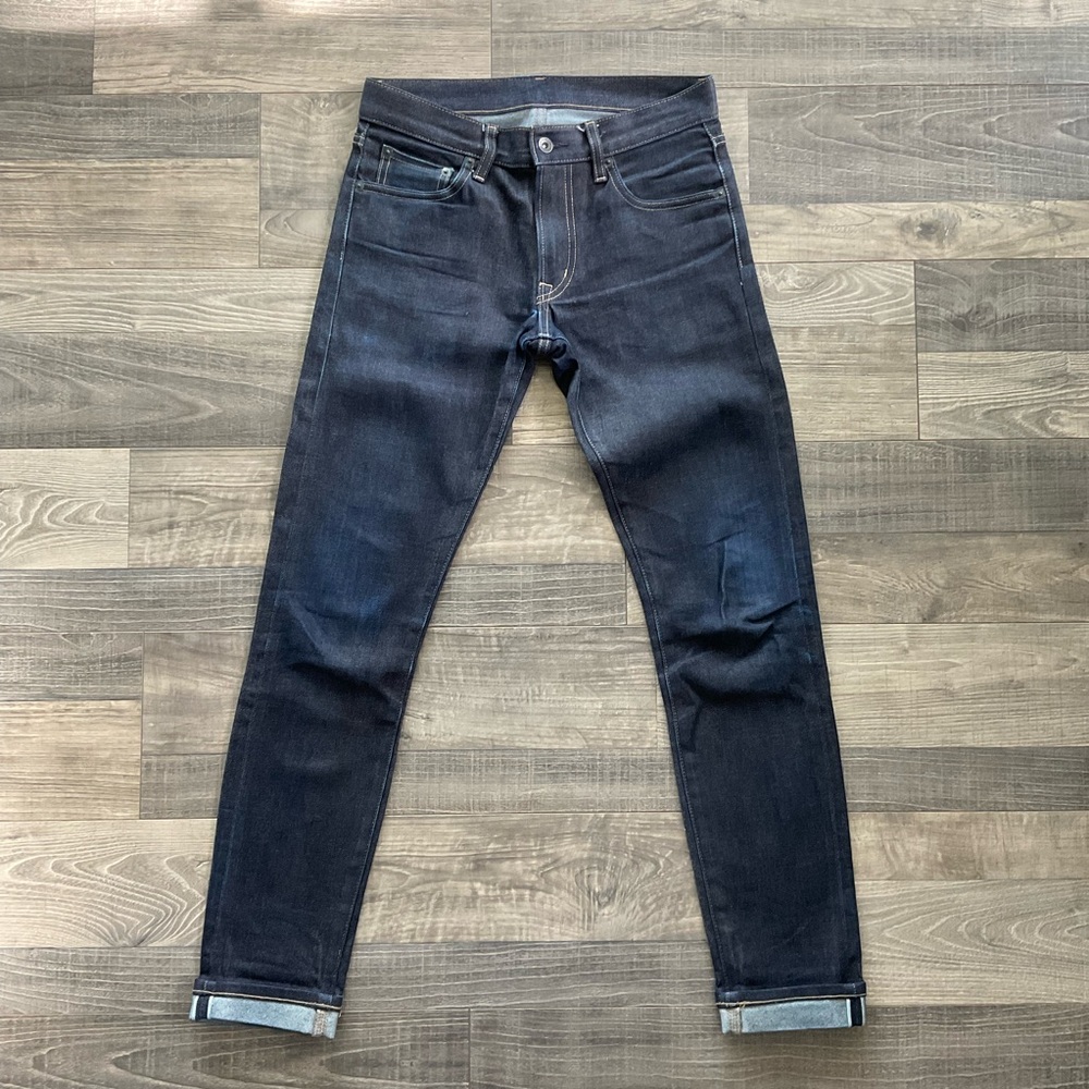 28x32 UNIQLO Selvedge Skinny Fit Jeans Men’s Blue Dark Wash Stretch Zip Fly